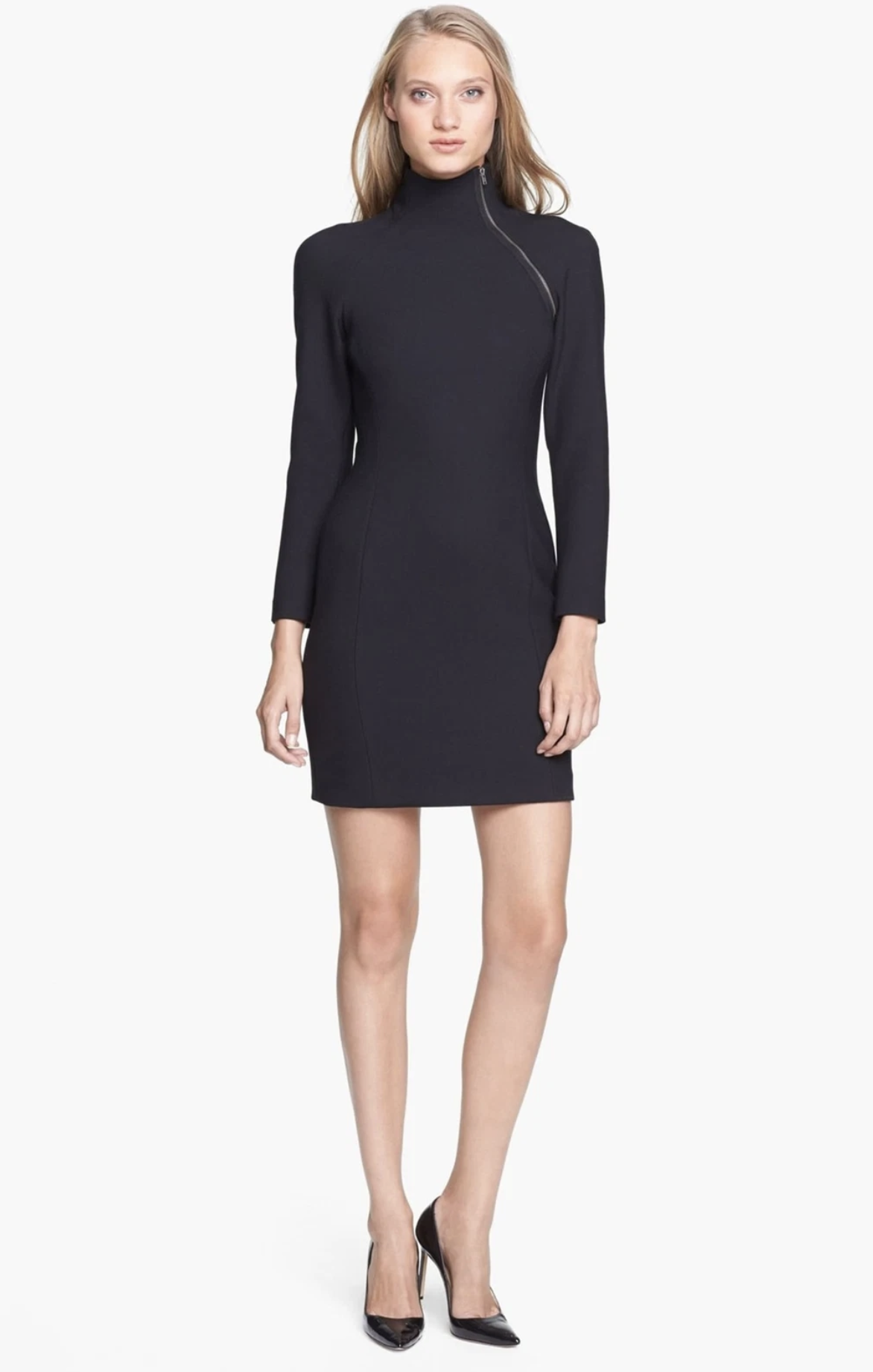 Theory Danella Black Virgin Wool Blend Fitted Zipper Mock Neck Sheath Dress Sz 6