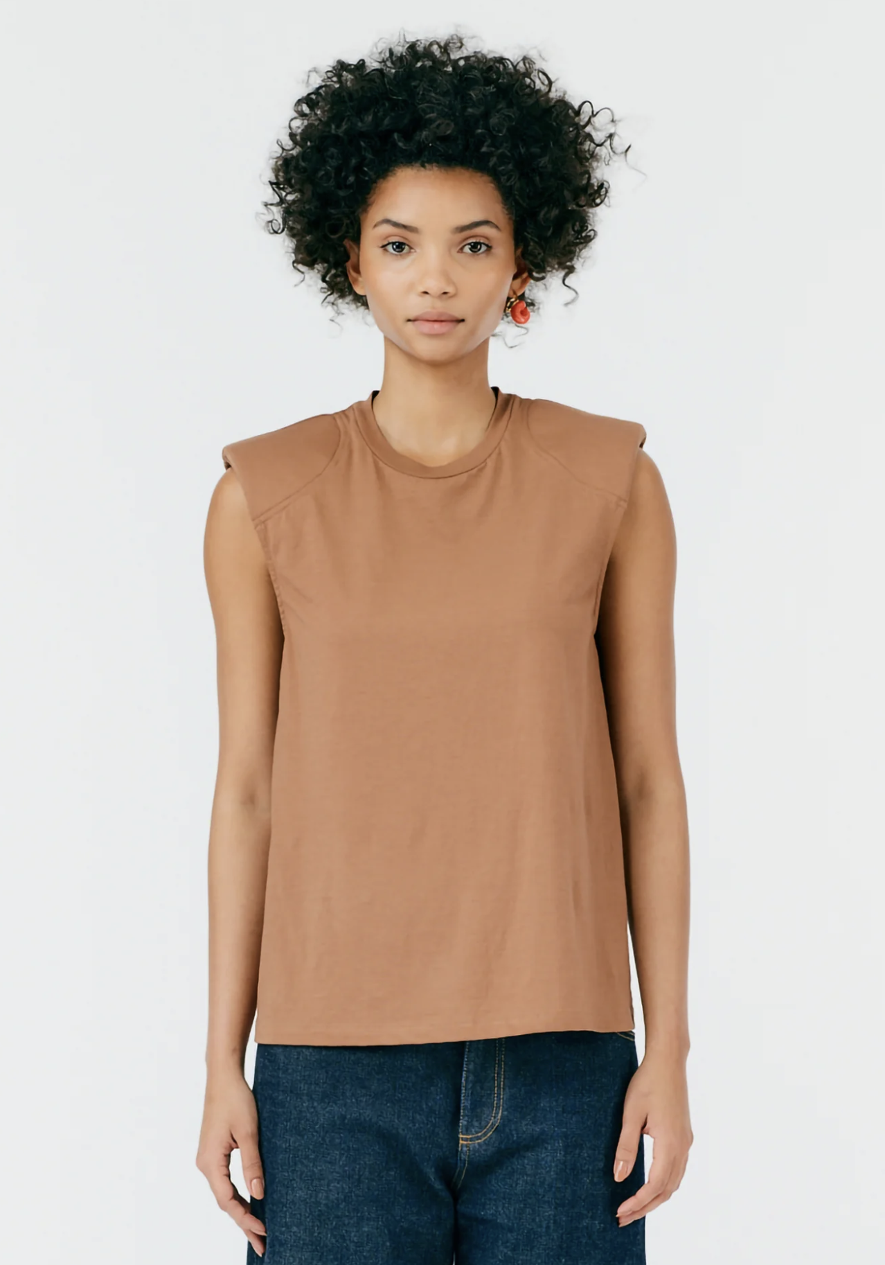 Tibi Camel Tan Padded Shoulder Sleeveless Muscle Style Top Tee Shirt Size XS