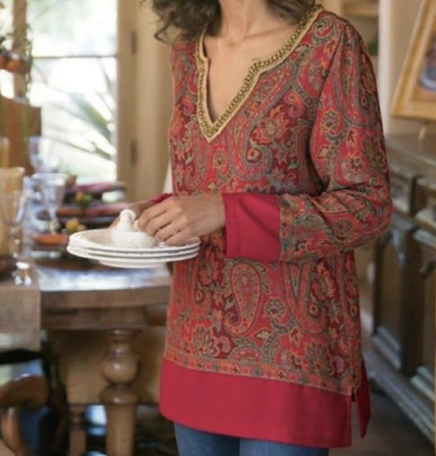 Soft Surroundings Red Paisley Print Tapestry Tunic L Wool Blouse Top Chain Trim