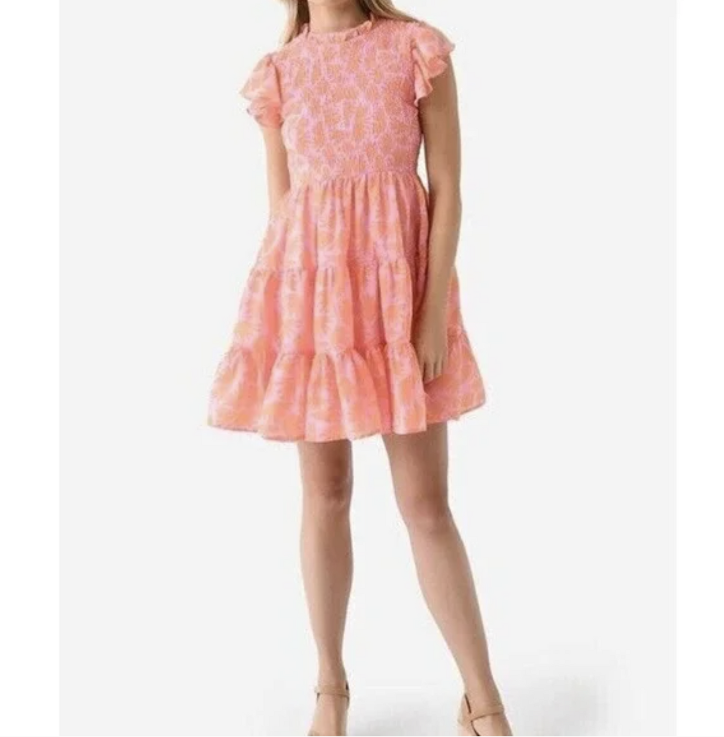 J Marie Pink Confetti Floral Smocked A Line Tiered Dress Size L Ruffle Fit Flare