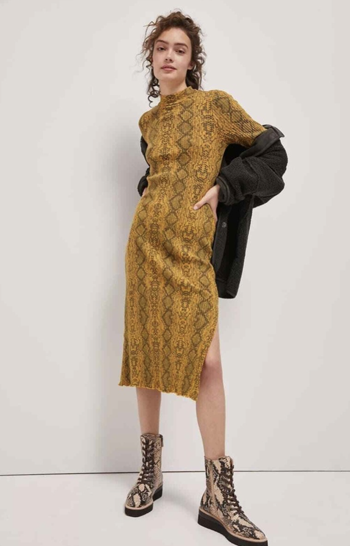 T La Anthropologie Sasha Ribbed Knit Snakeskin Print Mock Neck Midi Dress Size L