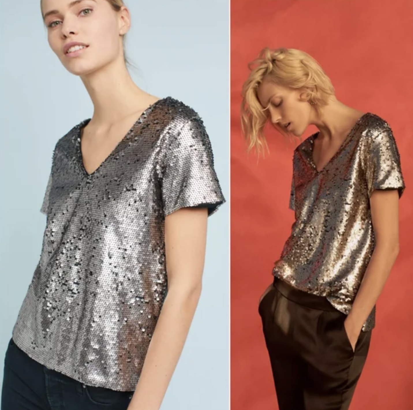 NWT Vanessa Virginia Anthropologie Pewter Sequin V Neck Top Blouse Size S