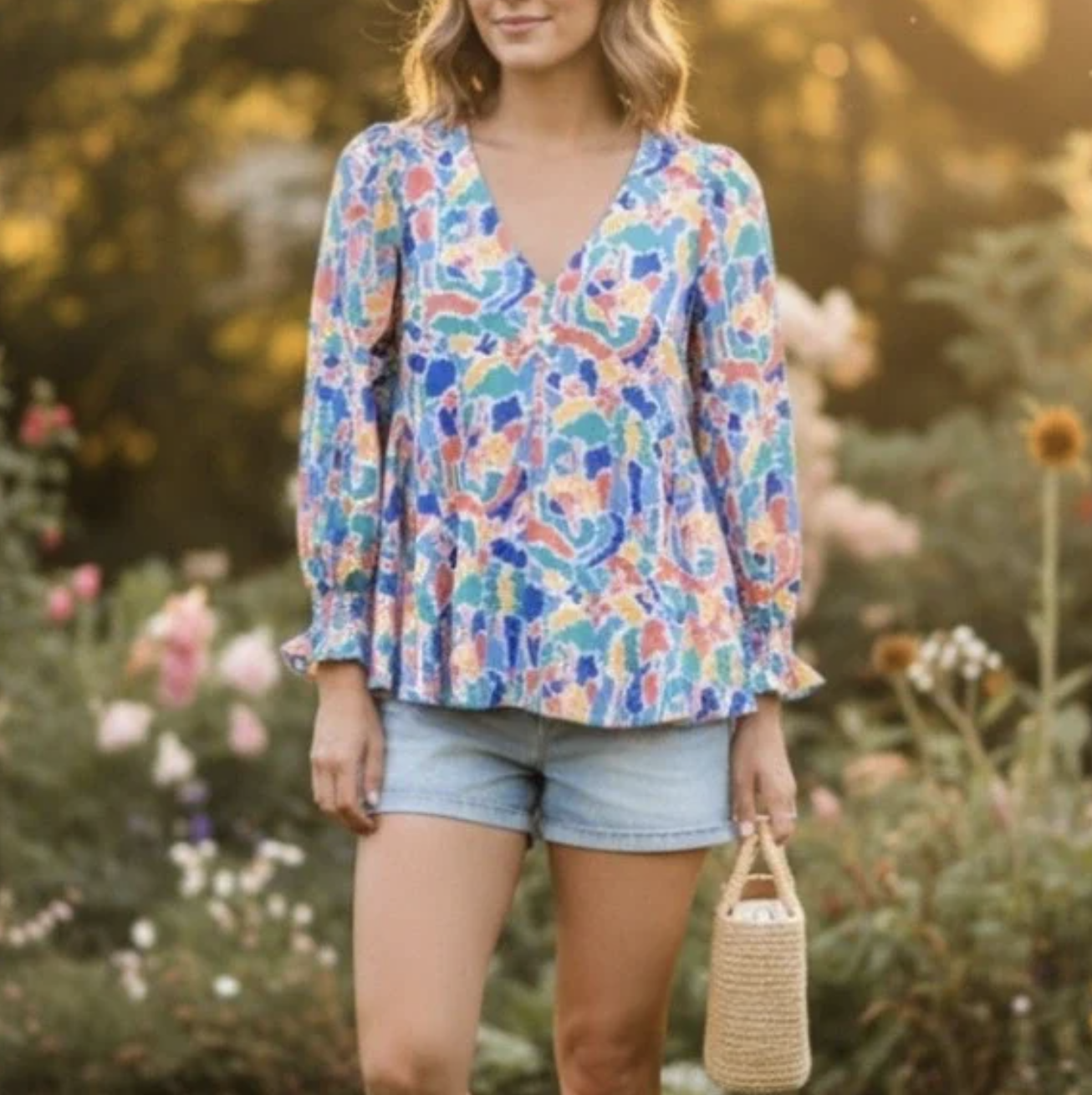 Tuckernuck Womens Easton Cabana Novelty Print V Neck Flared Top Blouse Size S