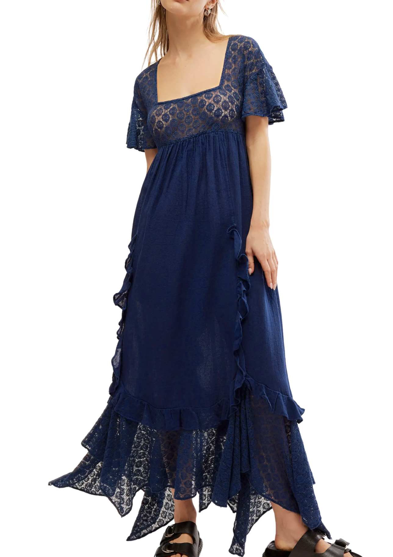 Free People Bring the Romance Lace Asymmetrical Hem Maxi Dress Size XS Boho