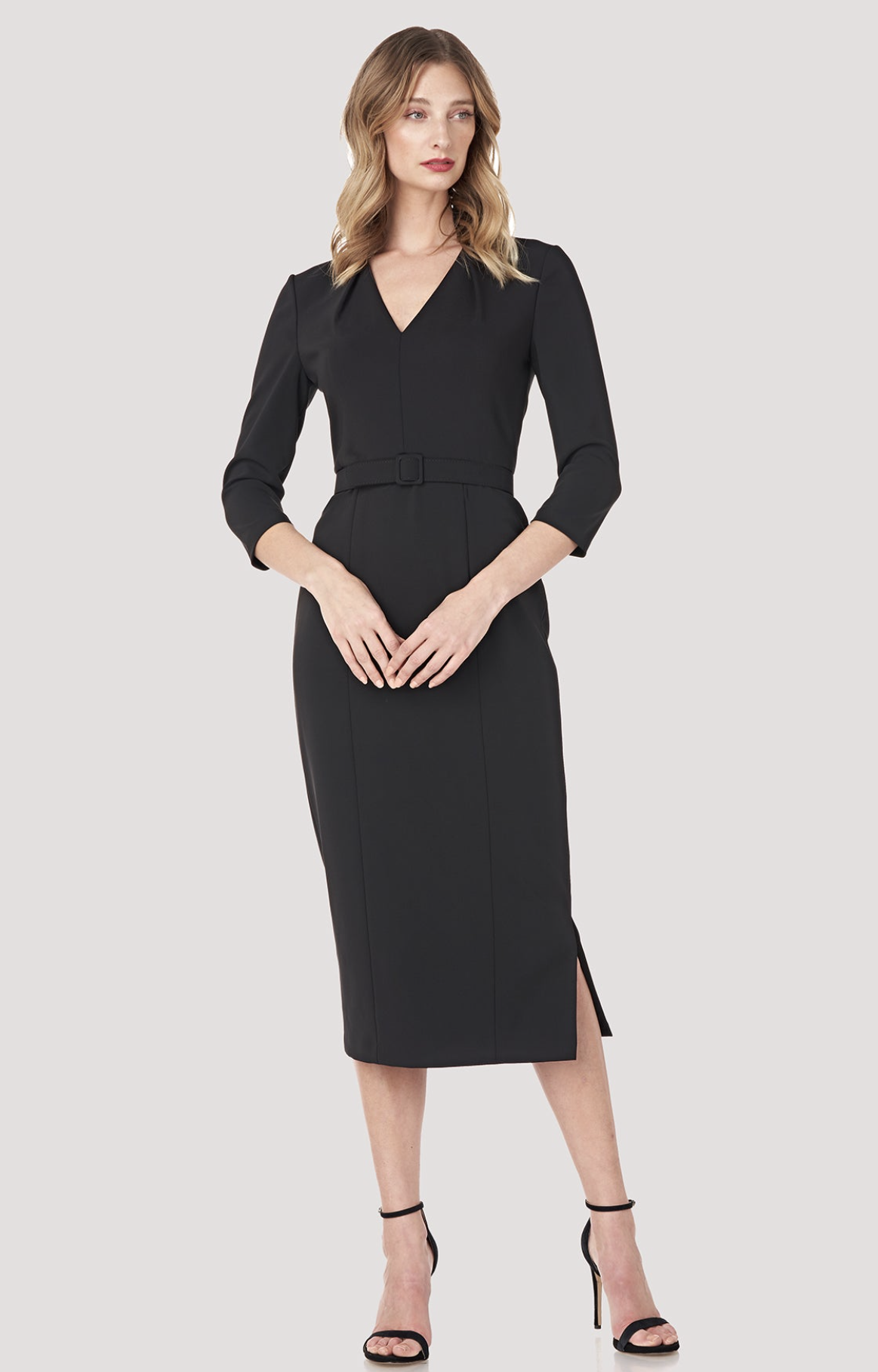 Kay Unger Solid Black Swan Neck Midi Sheath Dress Size 8 Belted Career Office