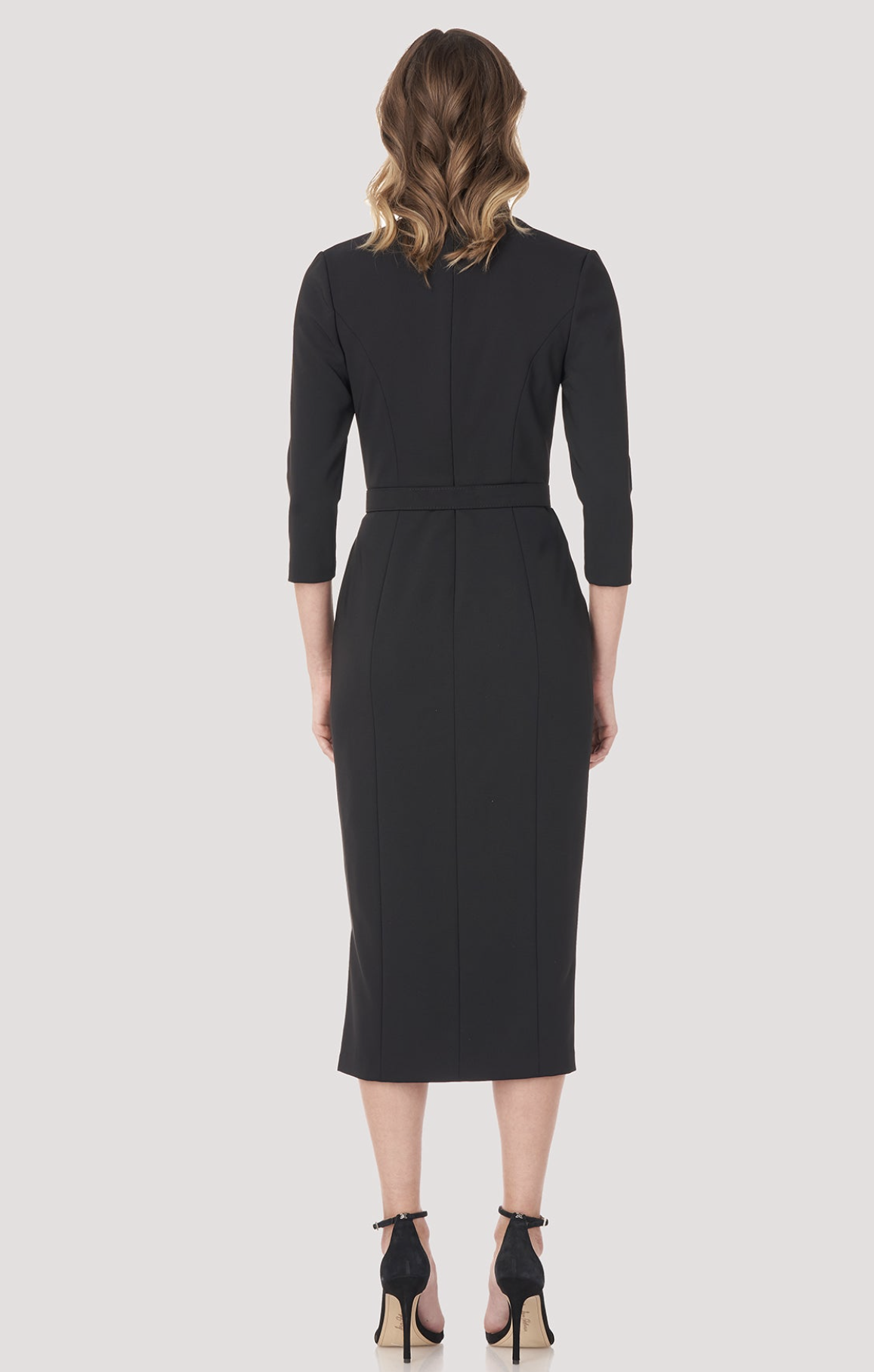 Kay Unger Solid Black Swan Neck Midi Sheath Dress Size 8 Belted Career Office