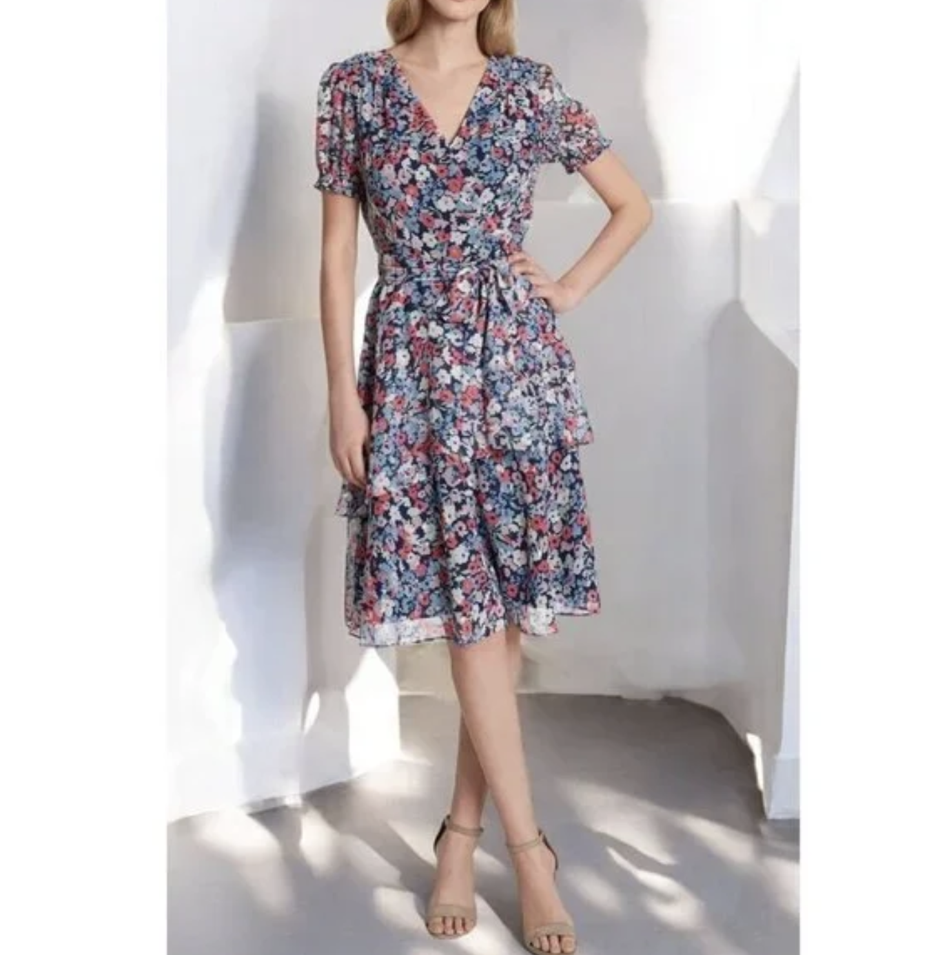 Tahari ASL Levine Blue Multi Floral Faux Wrap Tie Waist Ruffle Dress Size 6