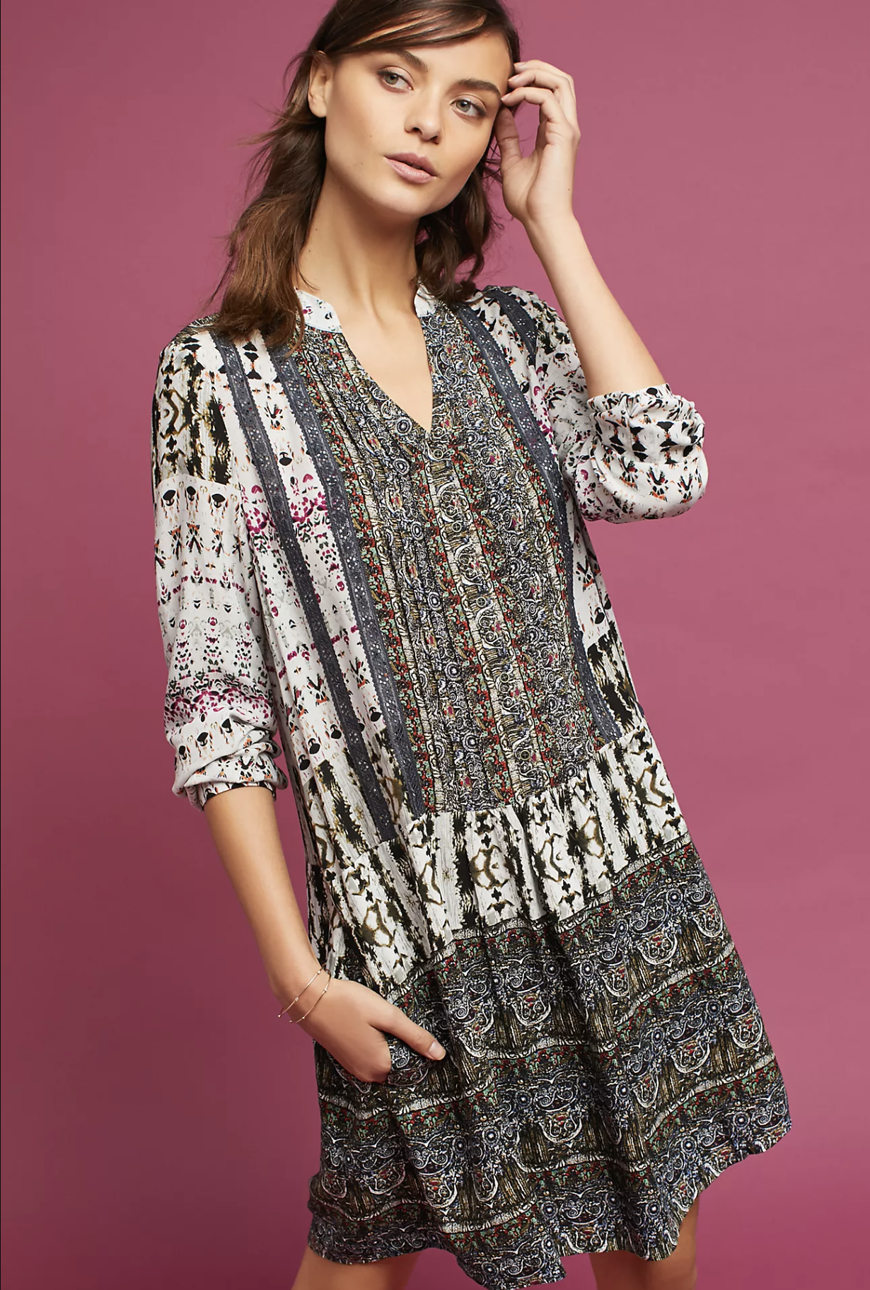 Tiny Anthropologie Mollie Printed Tunic Shift Dress Size XS Abstract Lace Trim