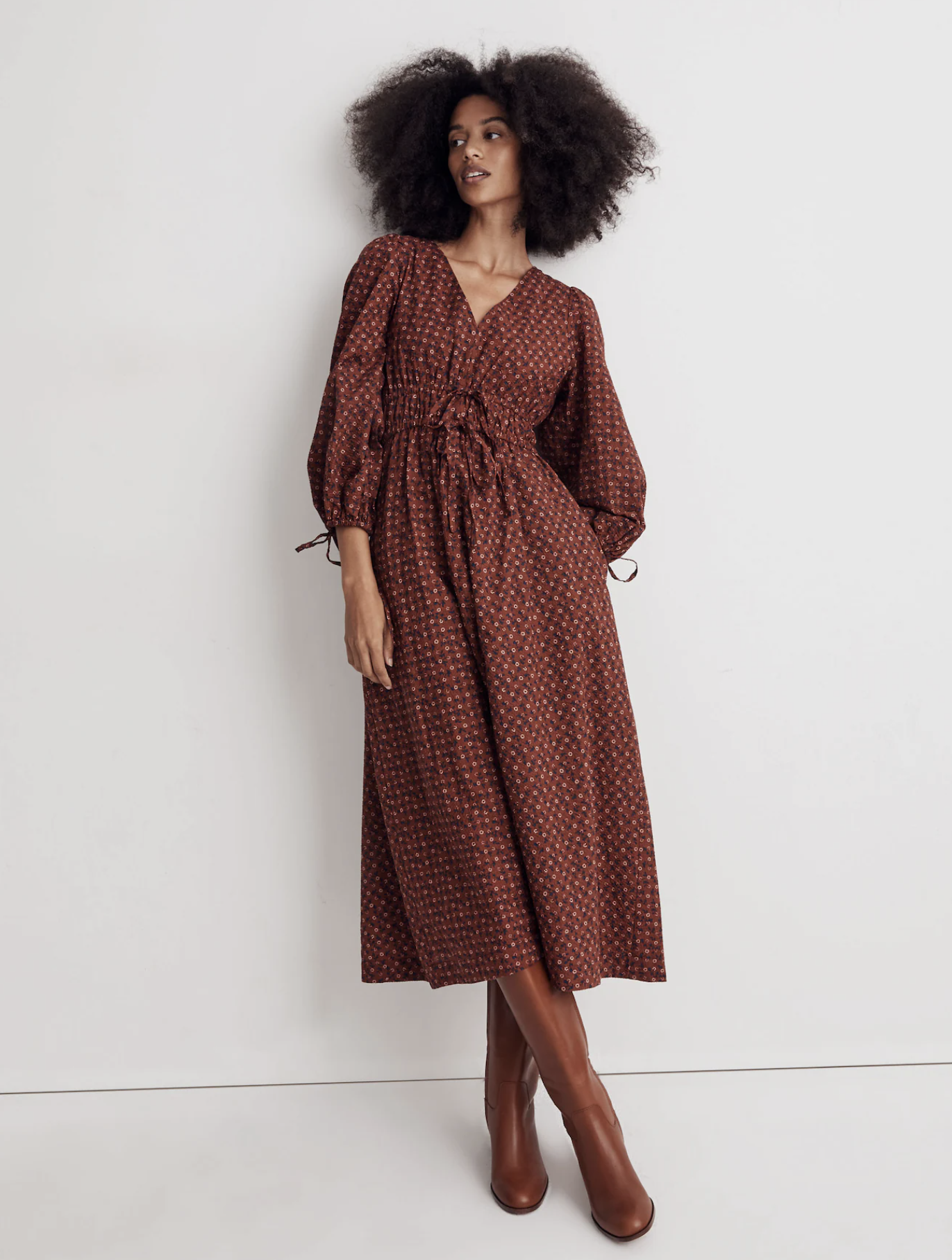 Madewell Sophia Brick Tie Front Textured Floral Print Midi Dress Size XL V Neck