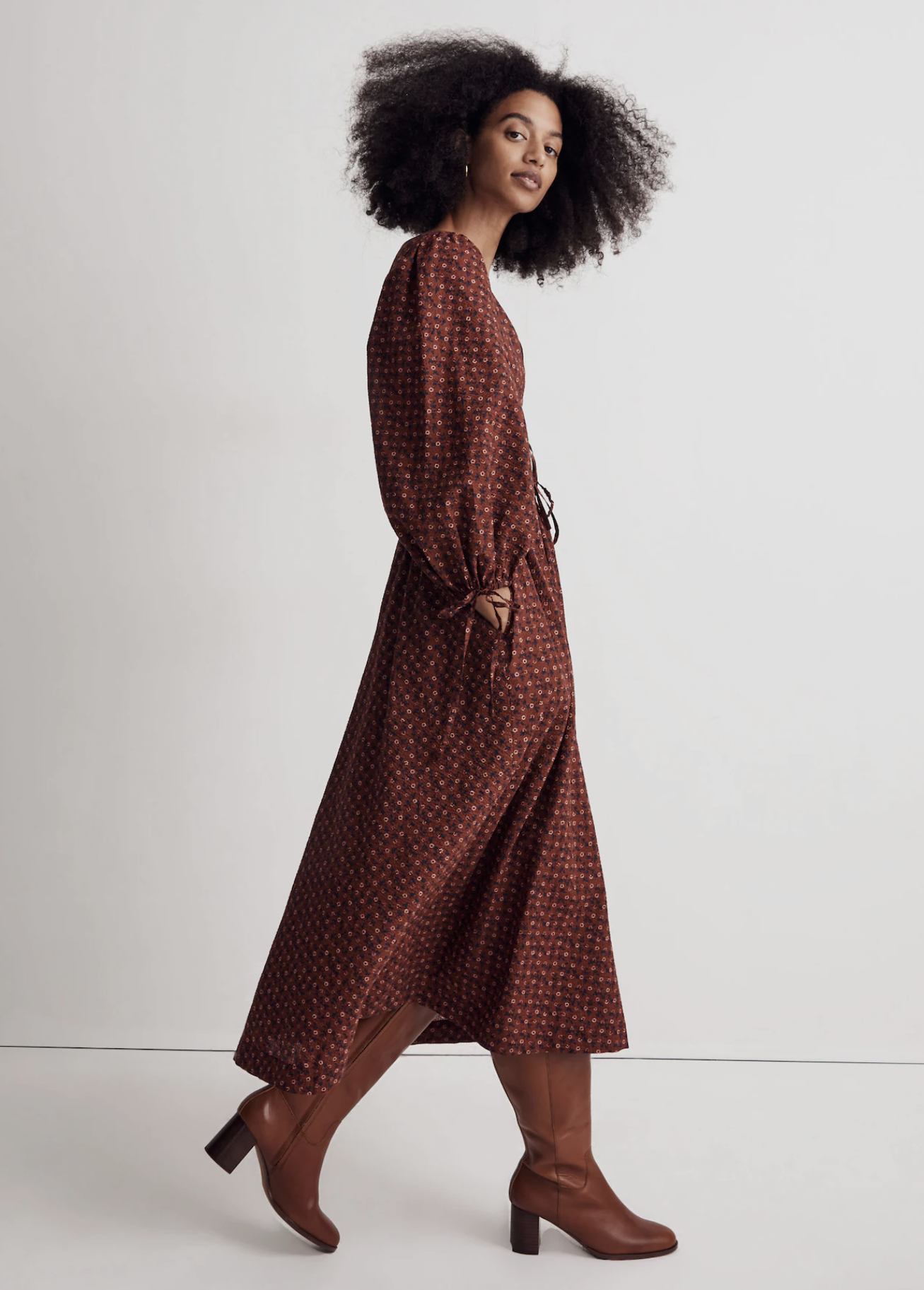 Madewell Sophia Brick Tie Front Textured Floral Print Midi Dress Size XL V Neck