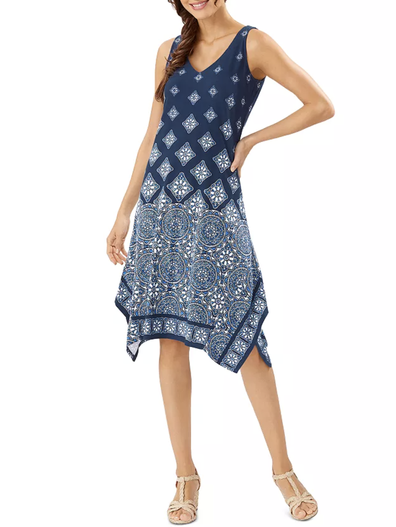 NWT Tommy Bahama Blue Medallion Print Asymmetric Handkerchief Hem Dress XXS 2XS