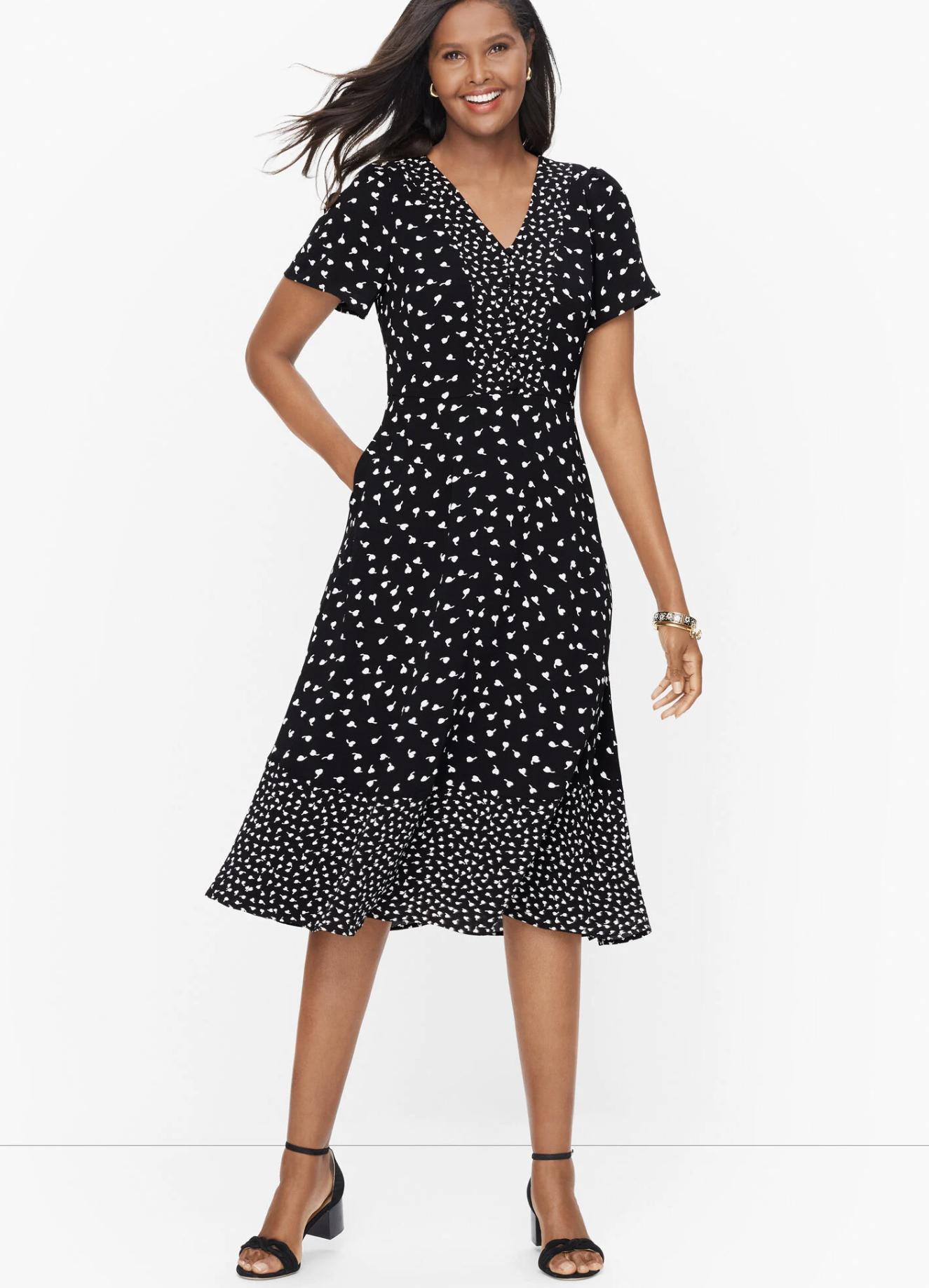 NWT Talbots Womens Black White Floral Flutter Sleeve Midi Dress Size 6P