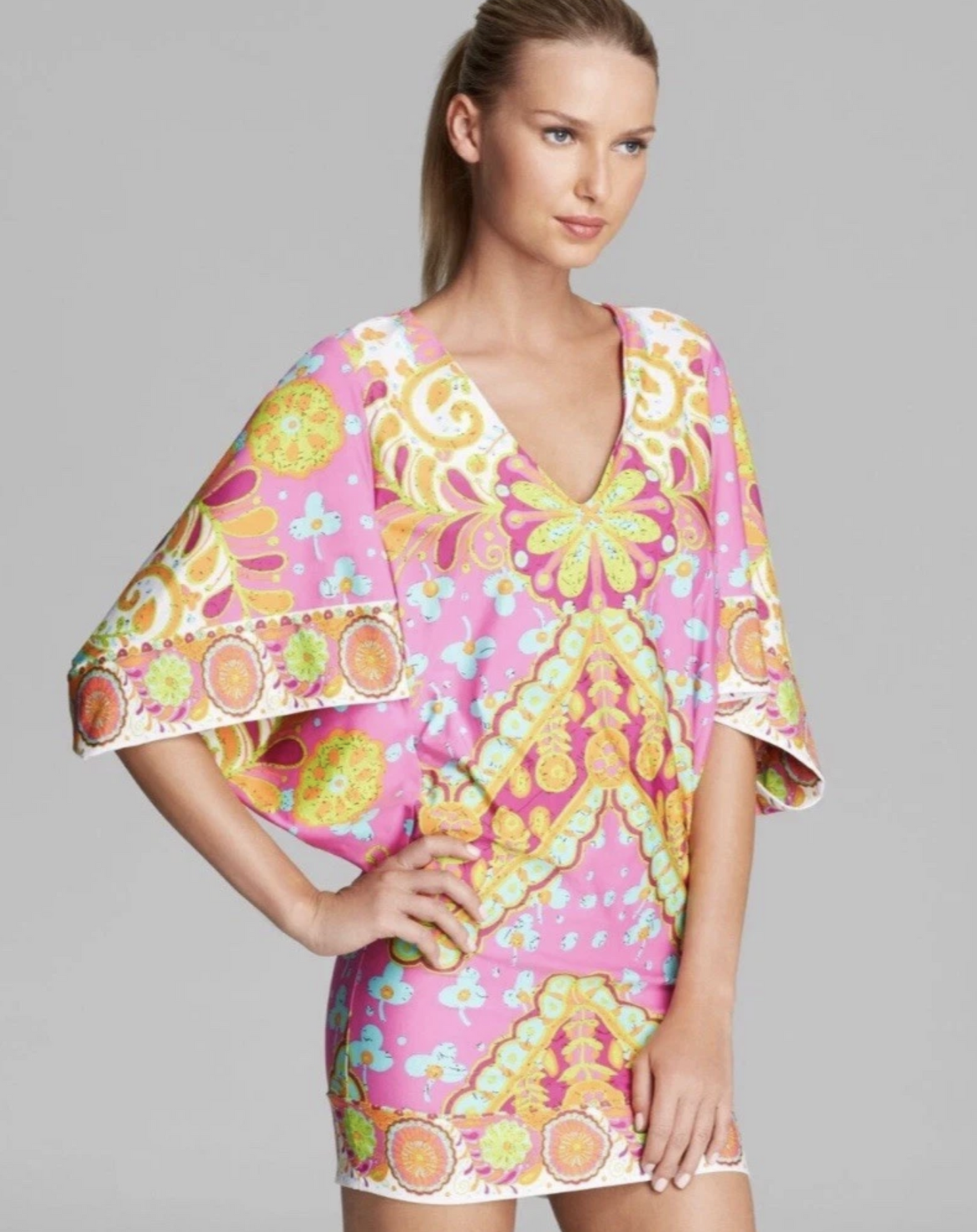Trina Turk Colorful Floral Dolman Kimono Sleeve Swim Cover Up Dress Tunic Size M