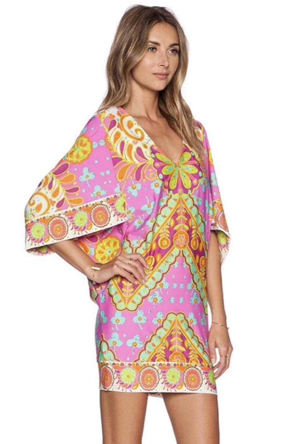 Trina Turk Colorful Floral Dolman Kimono Sleeve Swim Cover Up Dress Tunic Size M