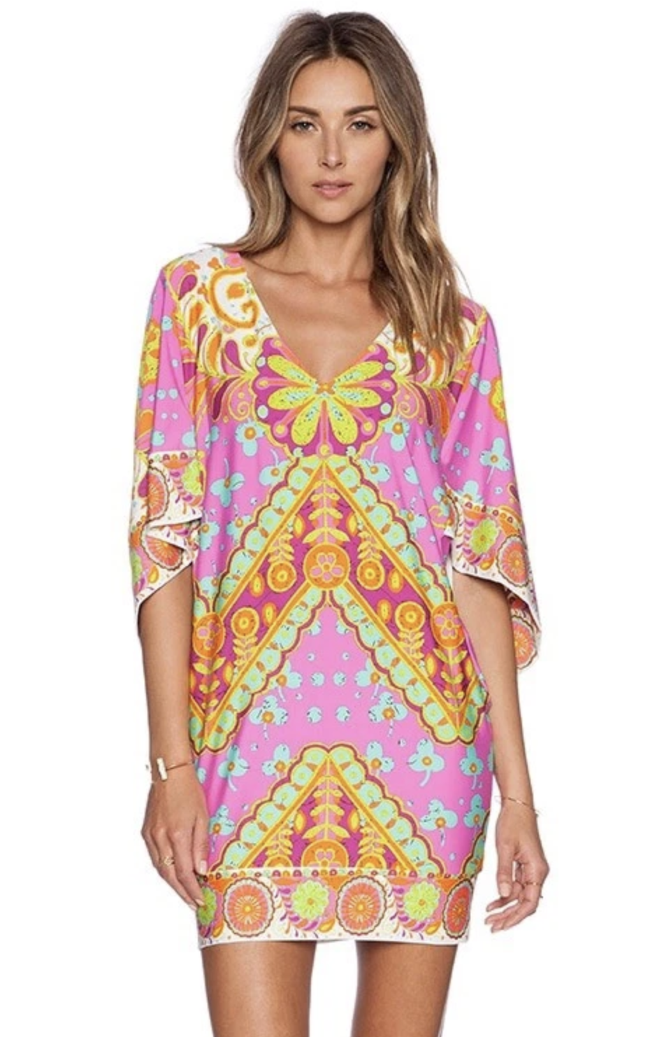 Trina Turk Colorful Floral Dolman Kimono Sleeve Swim Cover Up Dress Tunic Size M