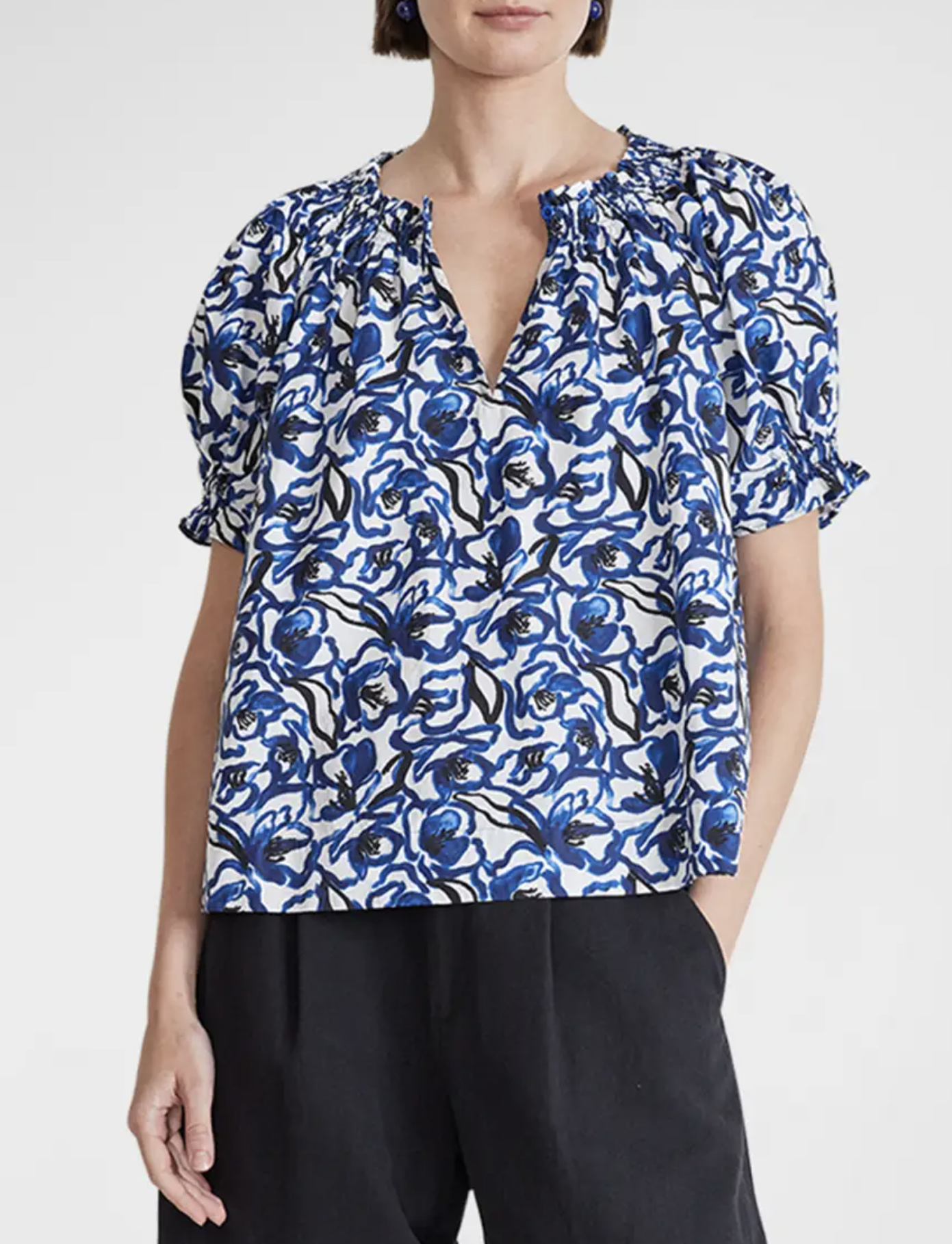 Apiece Apart Blue White Floral Kasin Top Size M Puff Sleeve Smocked Blouse