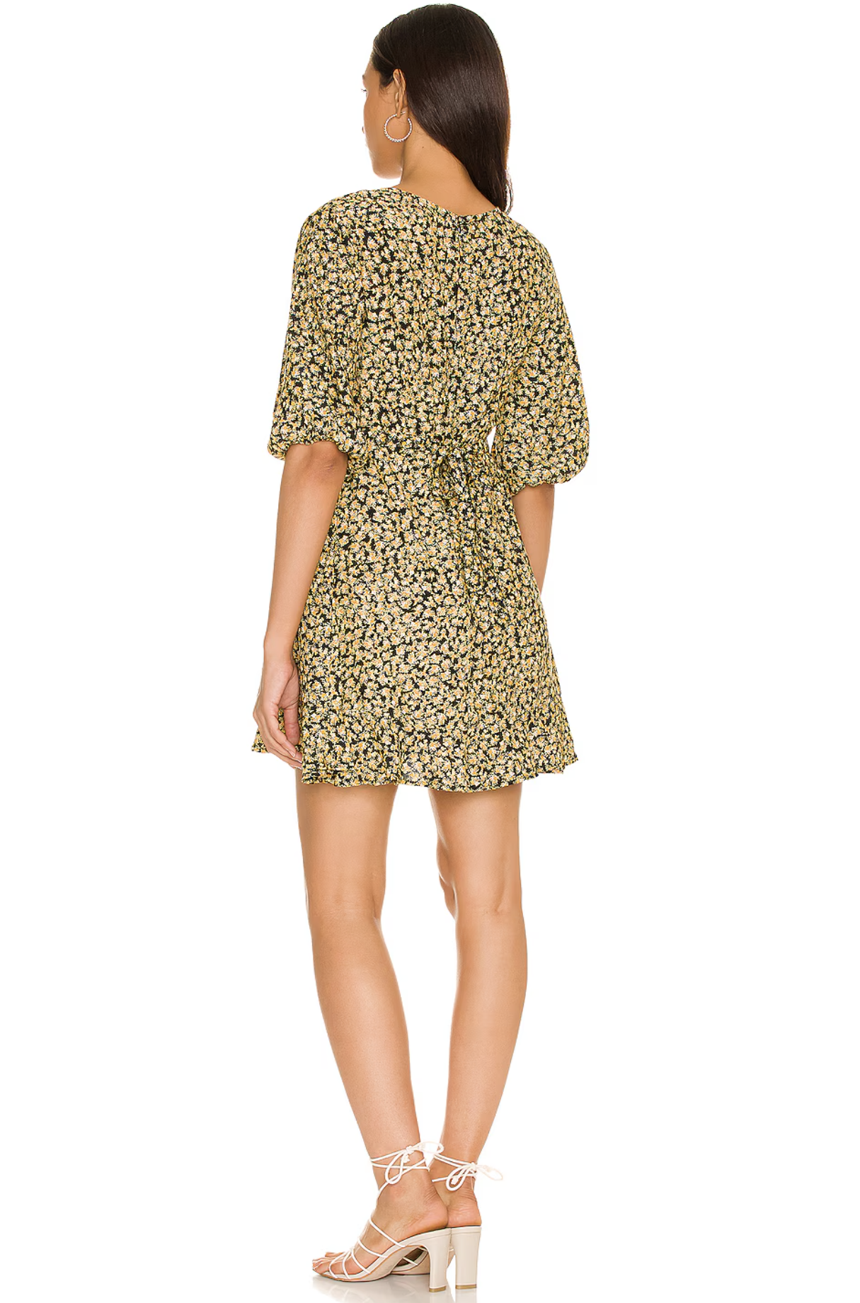 Faithfull the Brand Yellow Black Floral Ruffle Hem Tie Waist Mini Dress Size 4