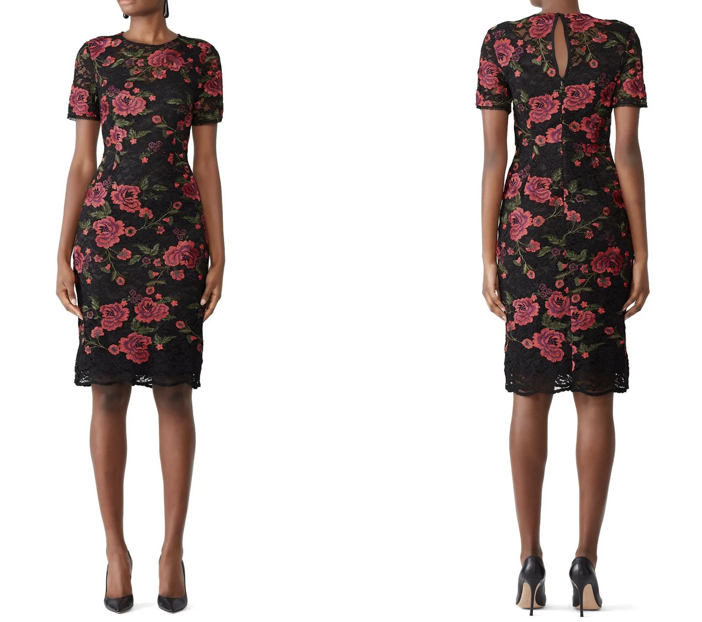 Trina Turk Black Floral Embroidered Lace Short Sleeve Sheath Dress Size 2 Red