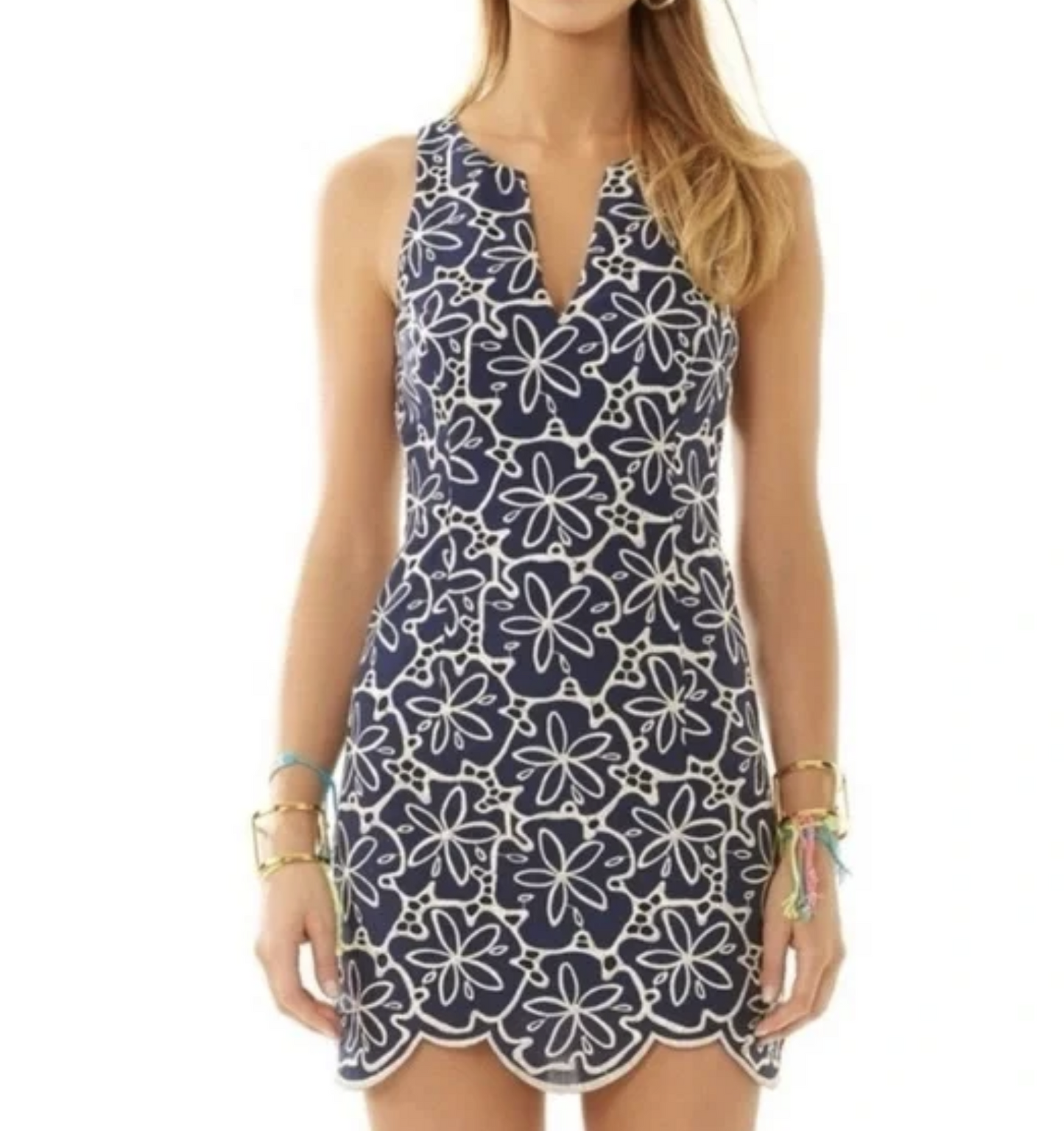 Lilly Pulitzer Augusta Navy Blue Gold Sand Dollar Embroidered Scalloped Dress 4