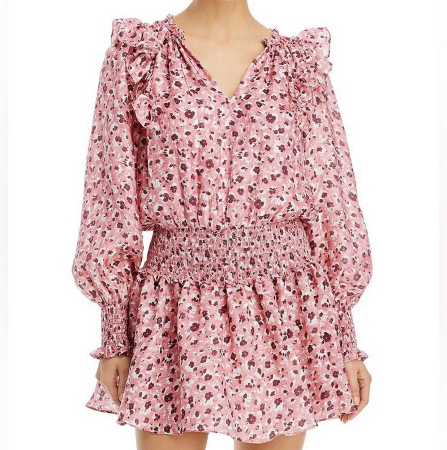 Ramy Brook Penelope Pink Ruffled Smocked Floral Dress Size M Long Sleeve V Neck
