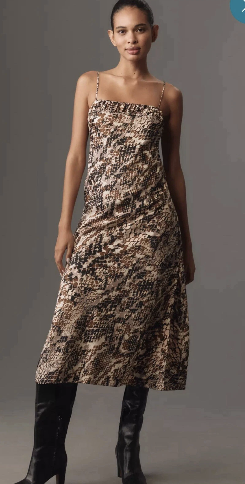 by Anthropologie Square Neck Snakeskin Print Midi Maxi Slip Dress Size M Brown