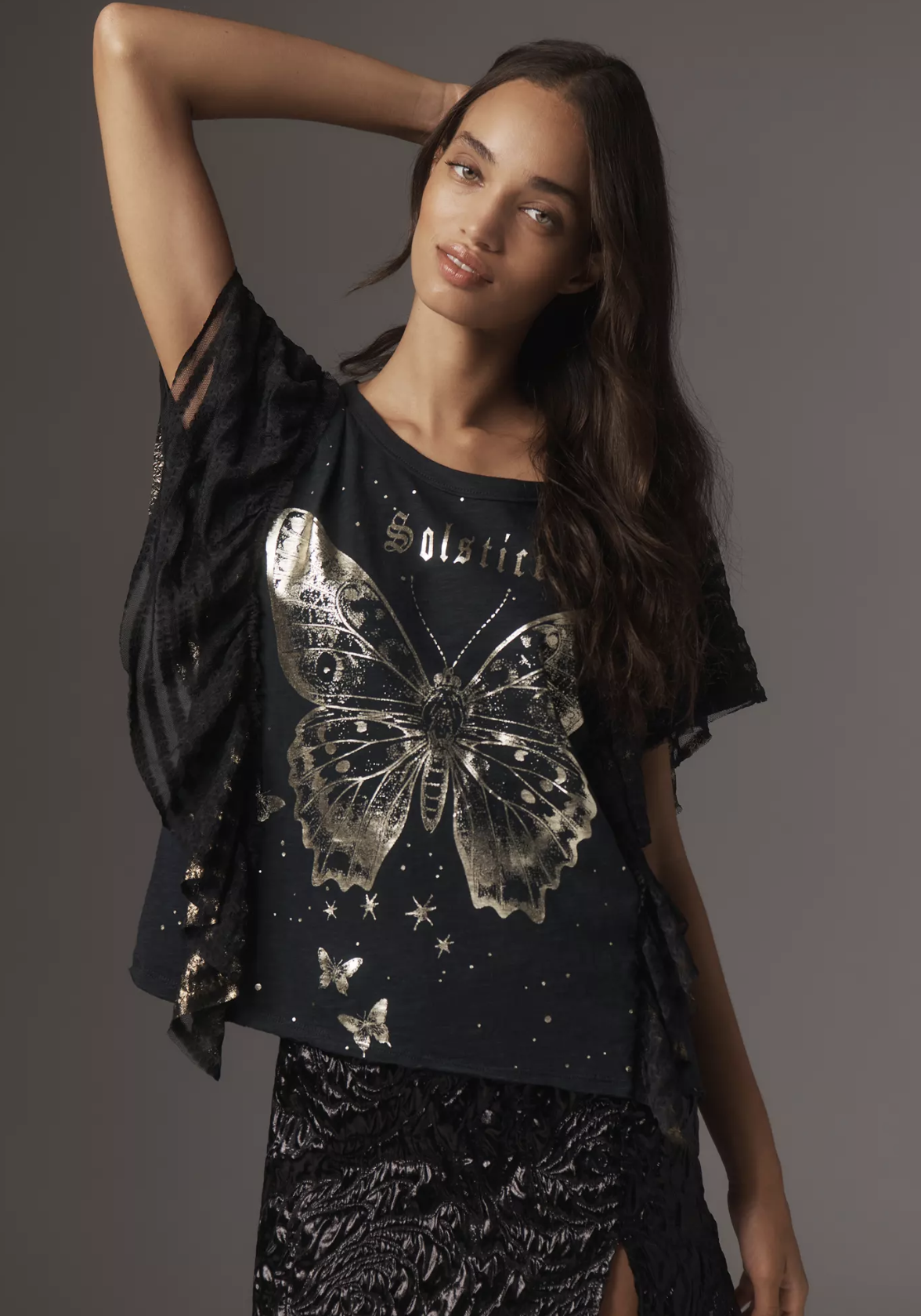 Pilcro Anthropologie Golden Hour Tee Black Gold Butterfly Ruffle T Shirt Size S