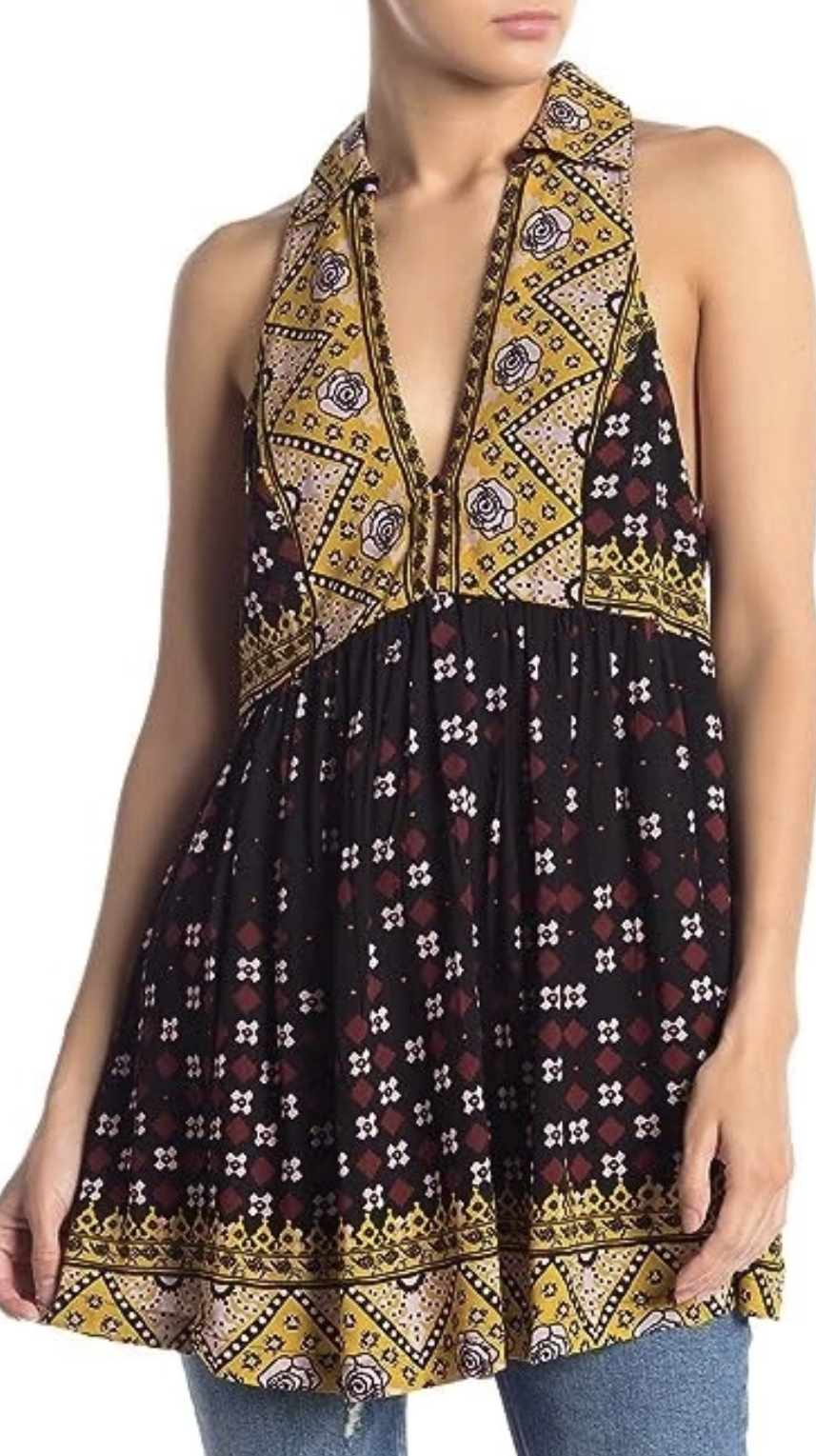 Free People Charlotte Black Geometric Floral Tunic Tank Top Blouse Size XS Boho