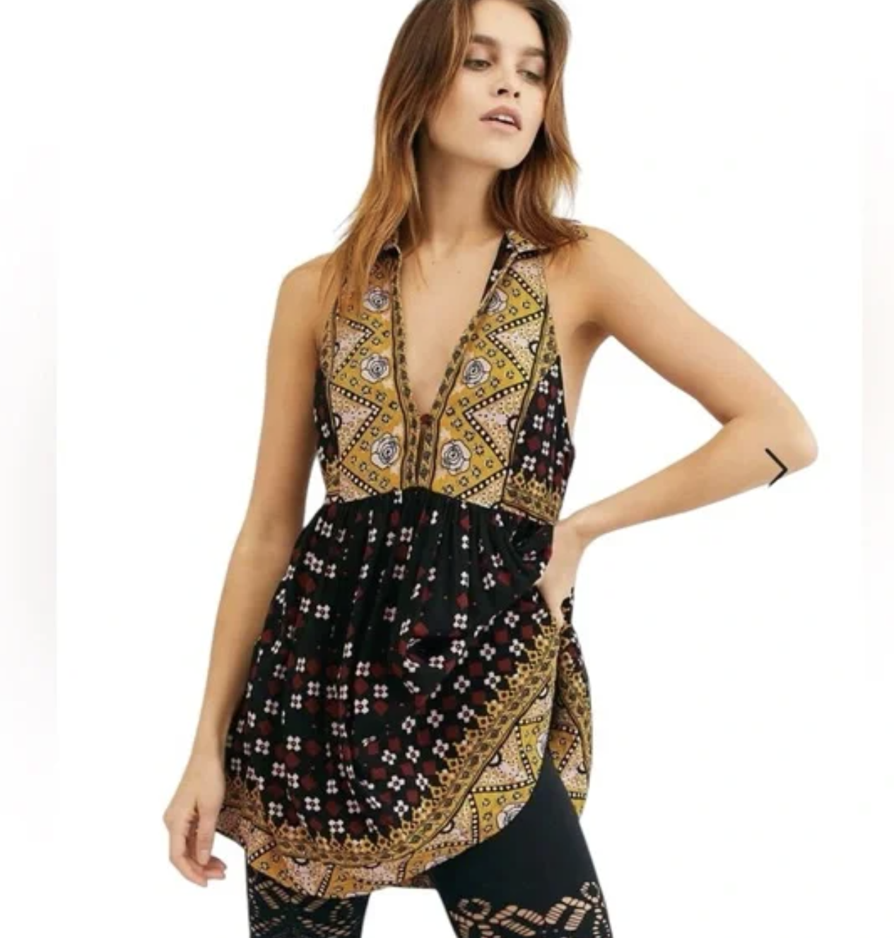 Free People Charlotte Black Geometric Floral Tunic Tank Top Blouse Size XS Boho