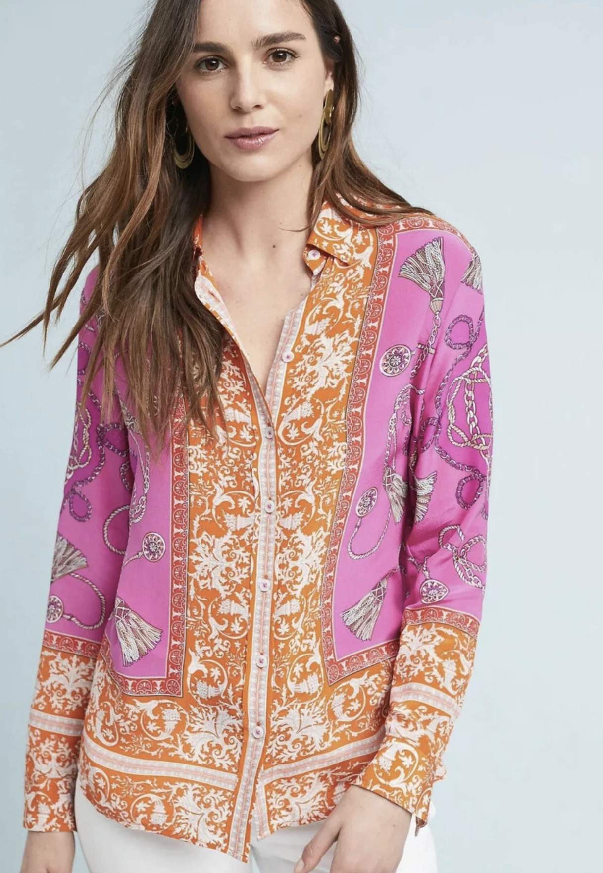 Maeve Anthropologie Potala Silk Scarf Print Button Front Shirt Blouse Sz 2 Pink