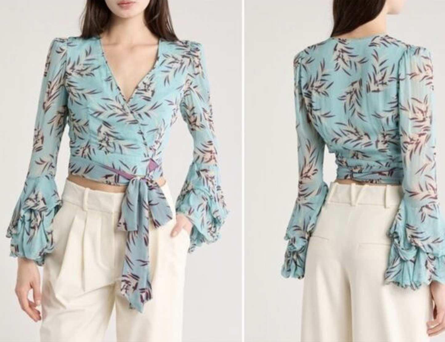 Diane Von Furstenberg Blue Floral Bell Sleeve Cropped Wrap Top Blouse Size 14