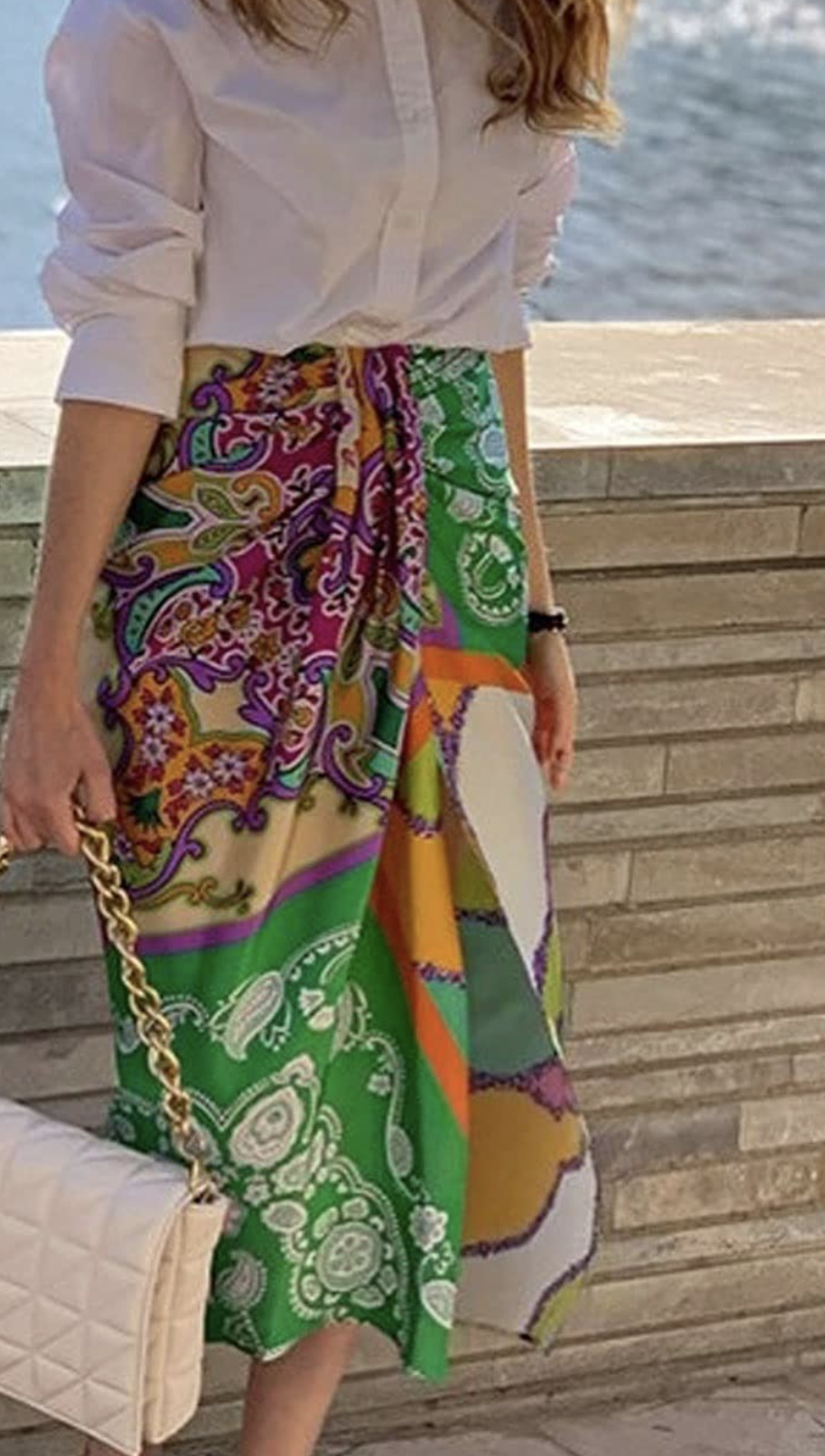 NWT Zara Colorful Paisley Print Knot Twist Midi Skirt Size XS Sarong Style Boho