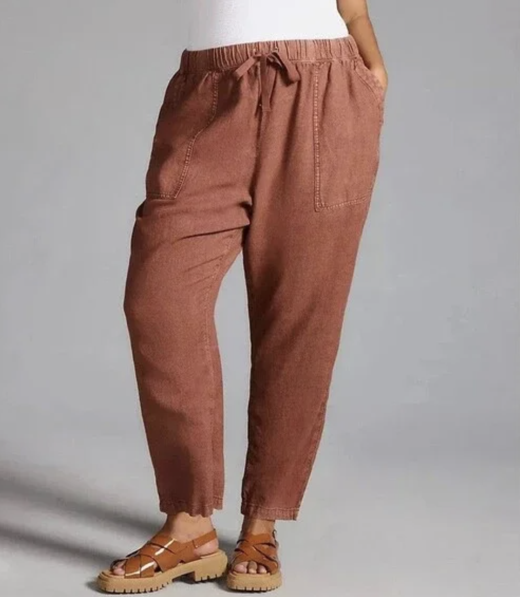 Pilcro Anthropologie Rust Brown Linen Blend Drawstring Ankle Pants Size L Crop