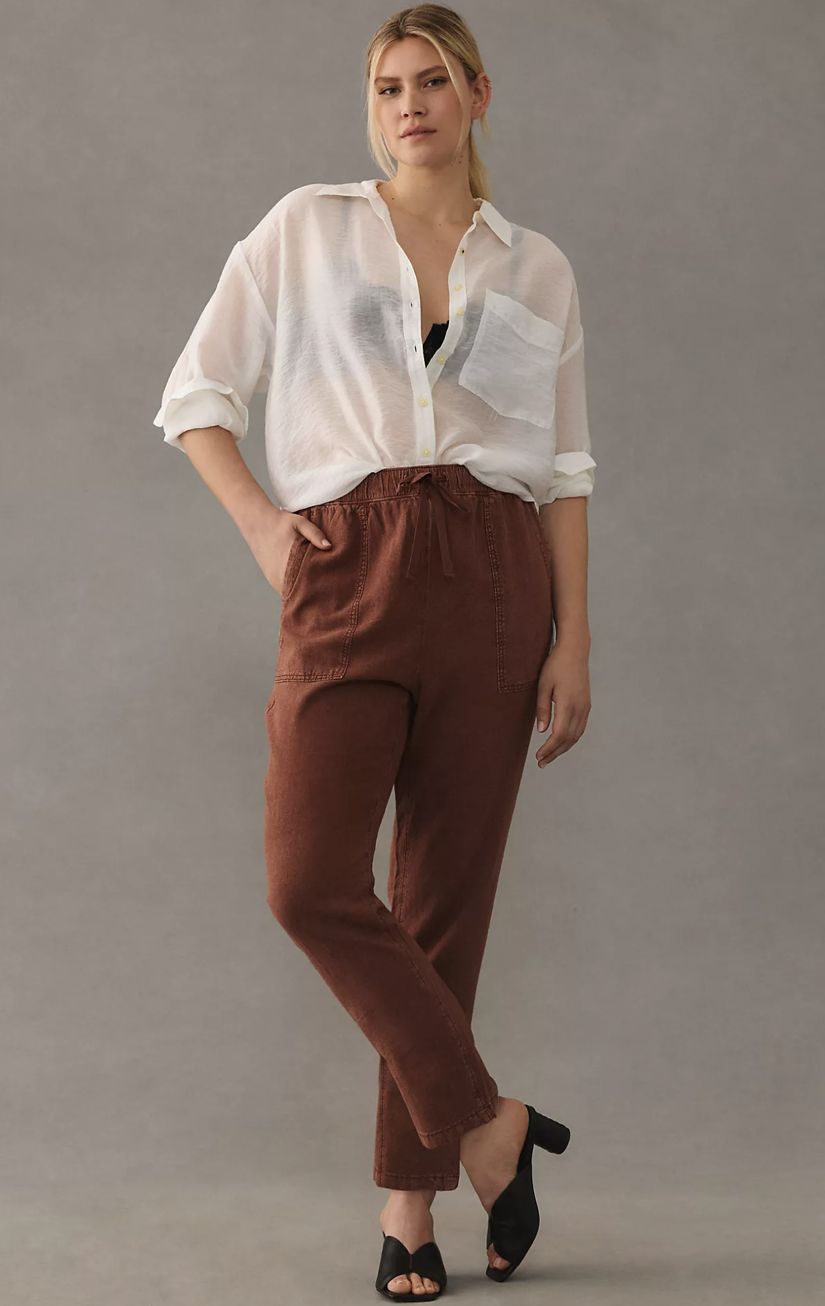 Pilcro Anthropologie Rust Brown Linen Blend Drawstring Ankle Pants Size L Crop