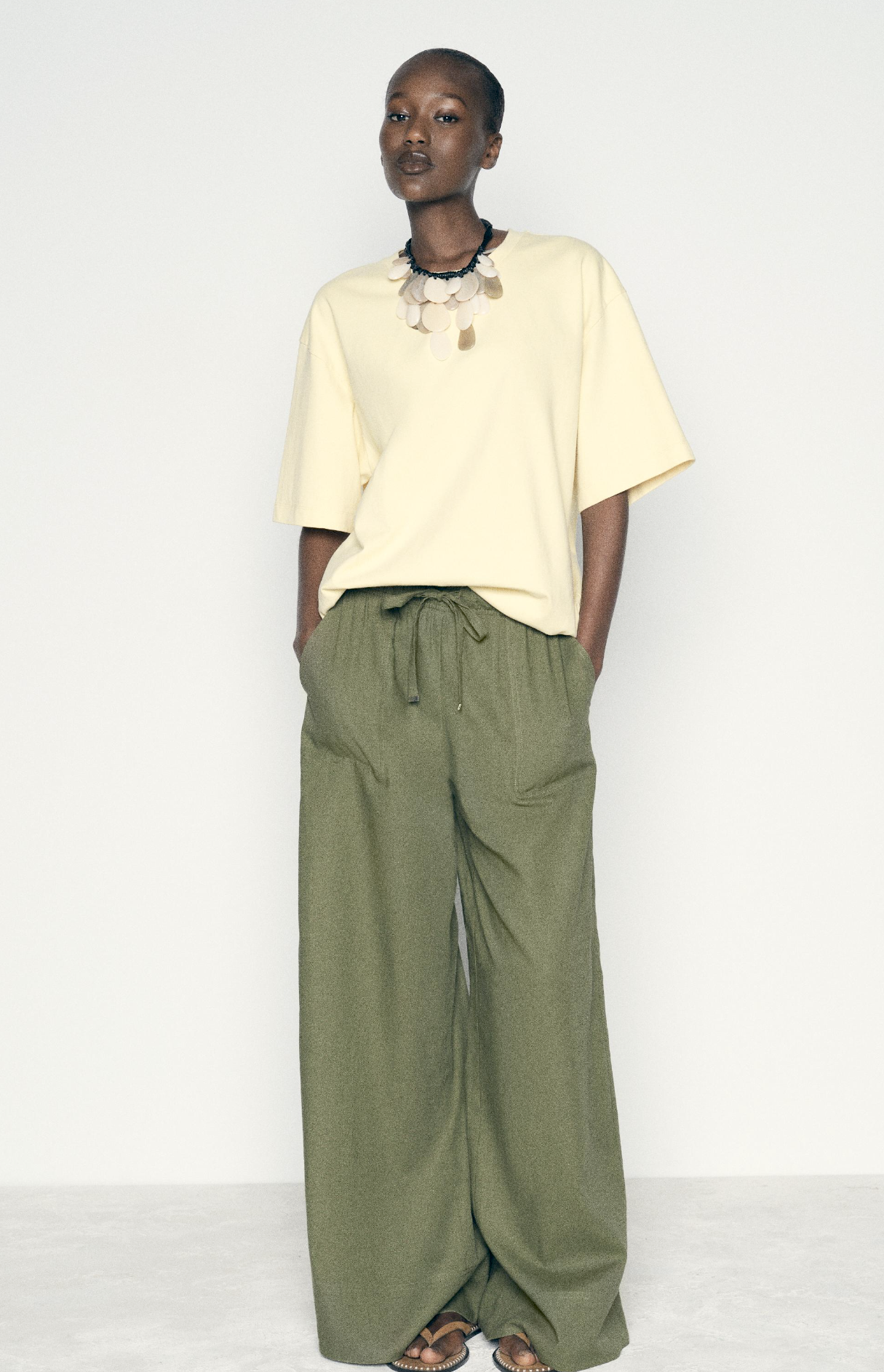 NWT Zara Womens Linen Blend Wide Leg Drawstring Waist Pull On Pants Size L