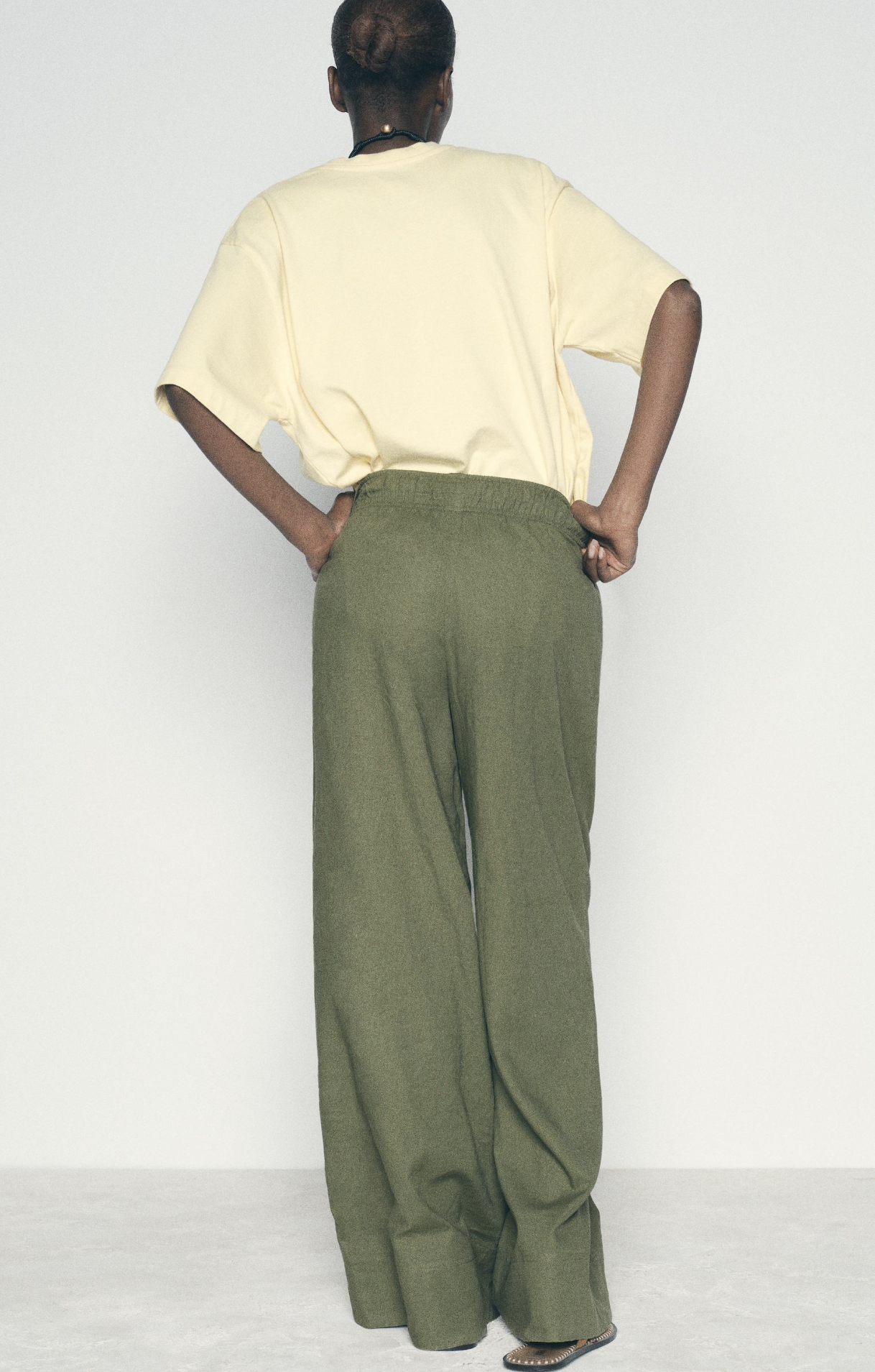 NWT Zara Womens Linen Blend Wide Leg Drawstring Waist Pull On Pants Size L