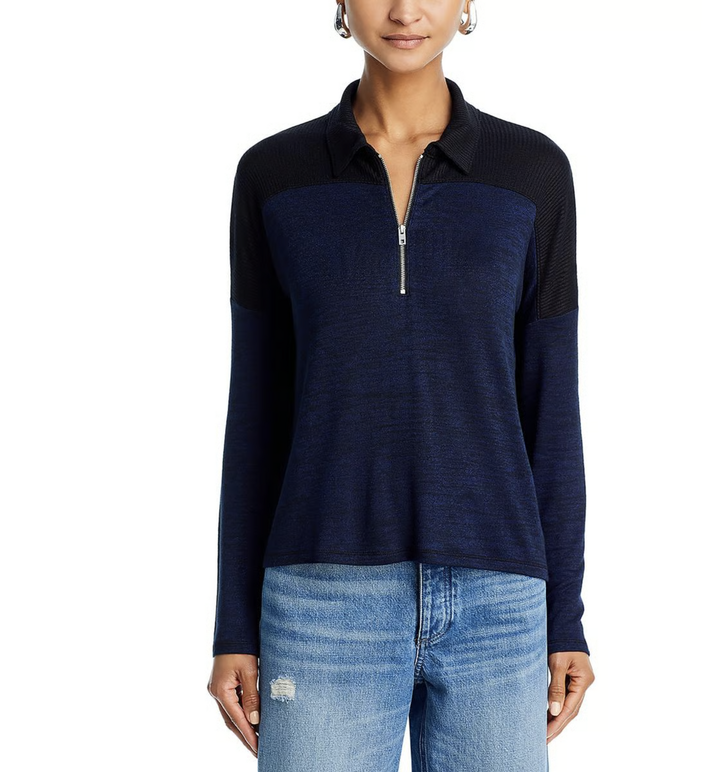 Rag and Bone the Knit Polo Sz S Black Navy Blue Color Block Half Zip Sweater Top