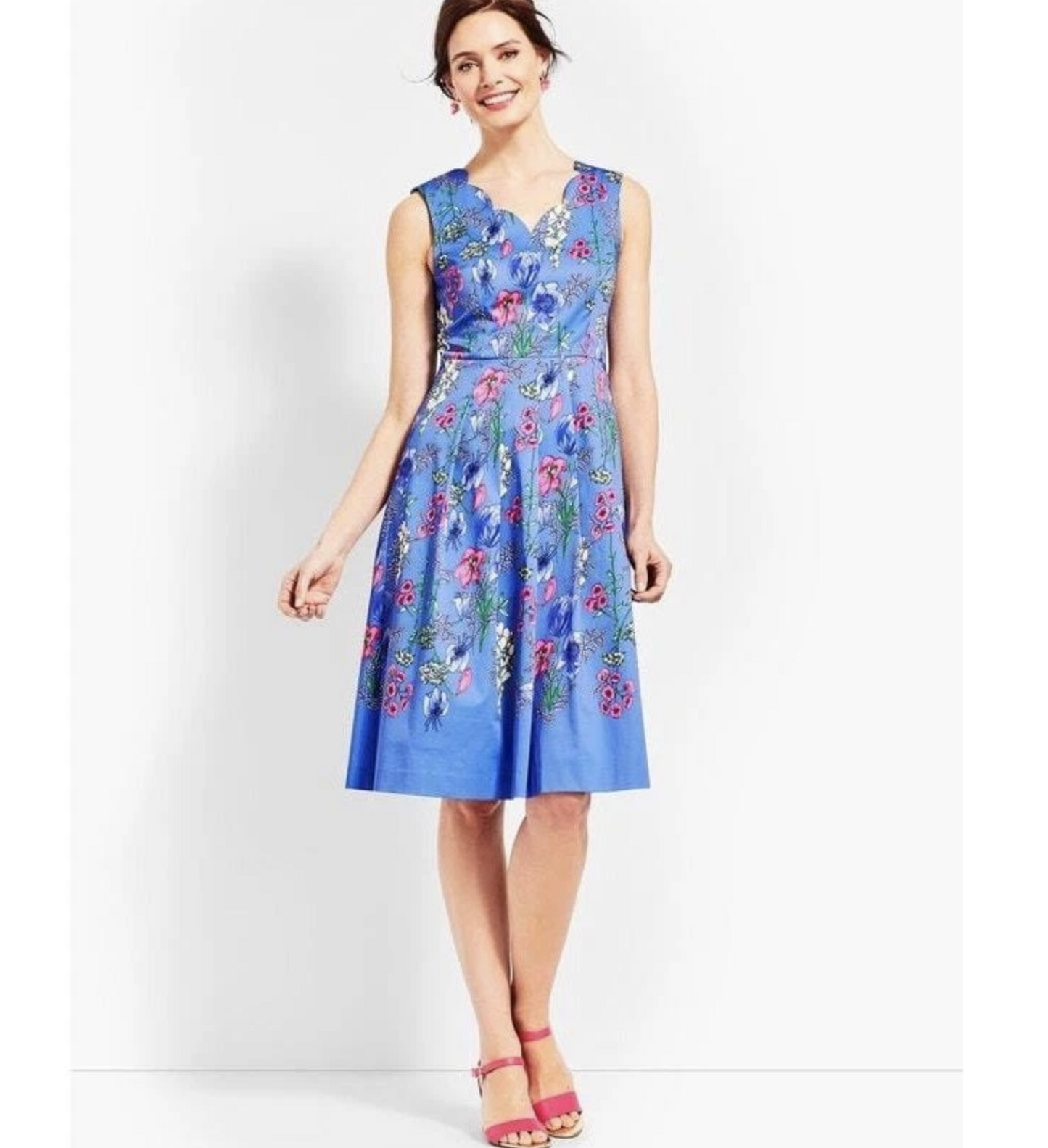 Talbots RSVP Periwinkle Floral Scalloped Trim Fit and Flare Dress Size 14WP