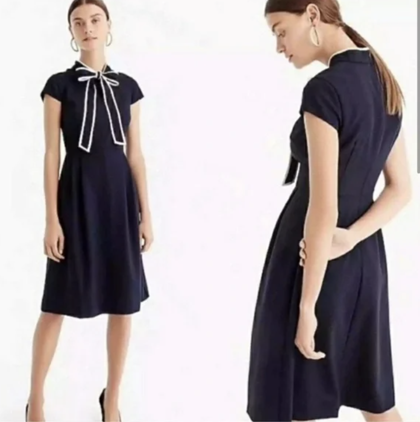 J Crew Navy Blue White Tipped Bow Tie Neck Dress in 365 Crepe Size 0 A Line