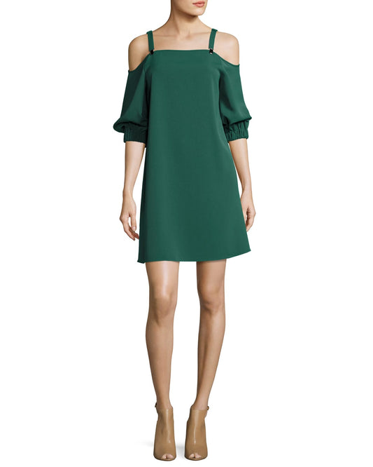 TIBI Womens Solid Green Drape Twill Cold Shoulder Shift Dress Size 12