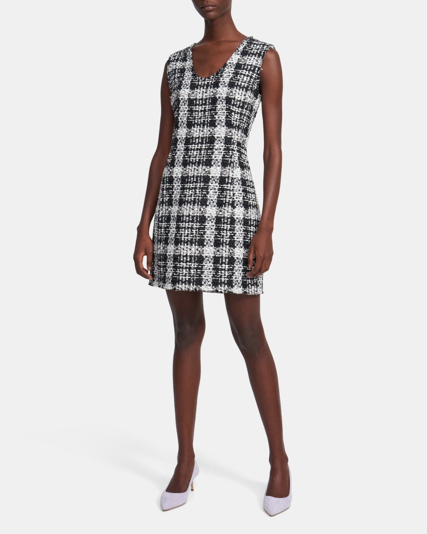 Theory Womens Sculpt U Black White Rubber Tweed Sheath Dress Size 8 Fringe