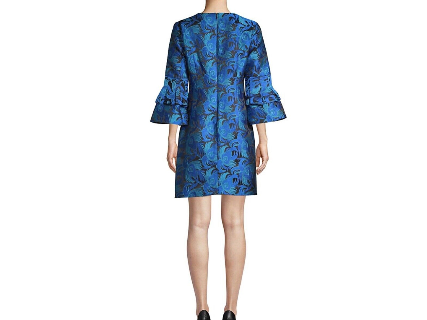 Belle Badgley Mischka Blue Peacock Feather Jacquard Bell Sleeve Cocktail Dress 2